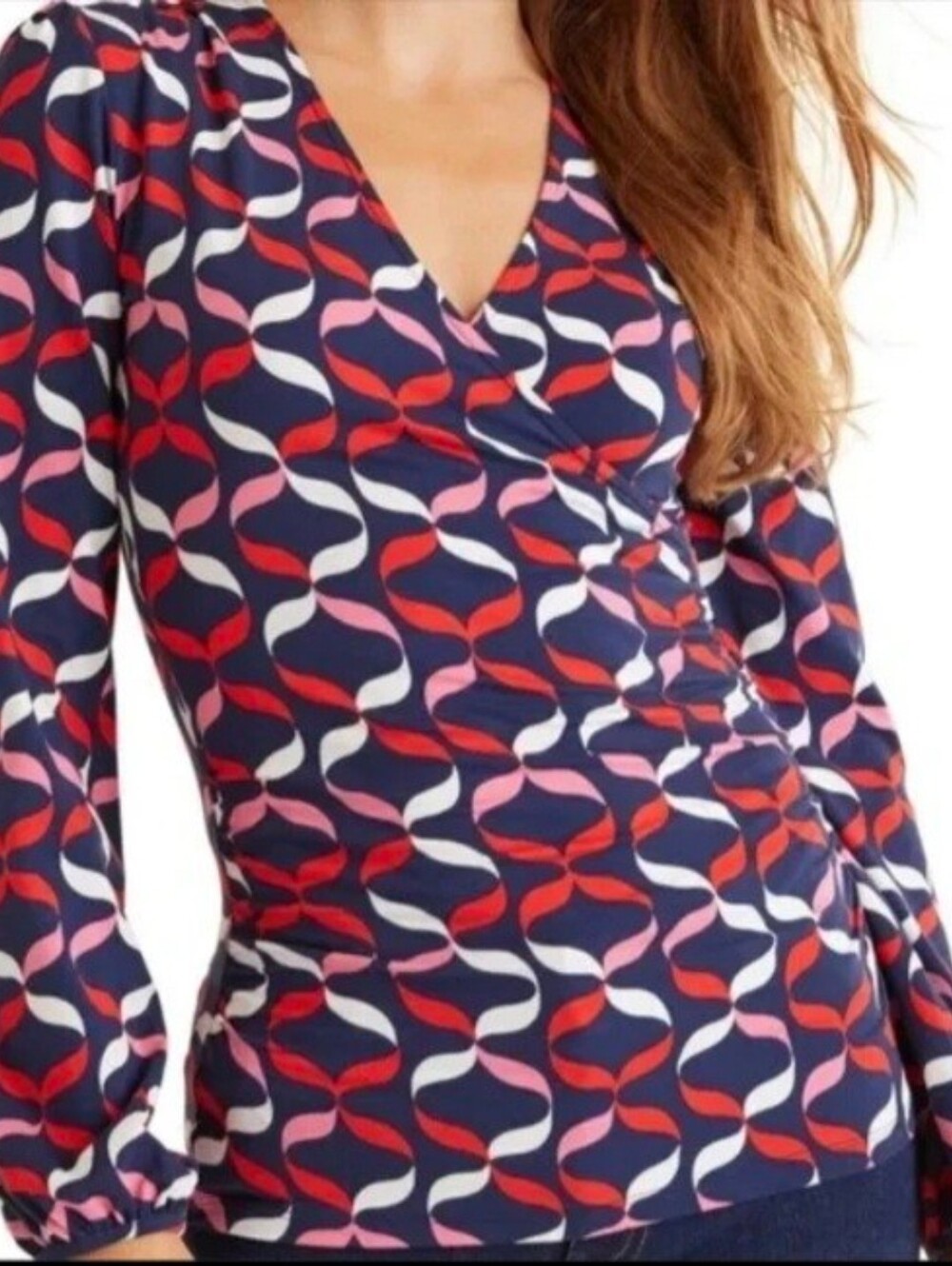 Boden Womens Geometric Link Print Wrap Top Navy Red Pink US 6